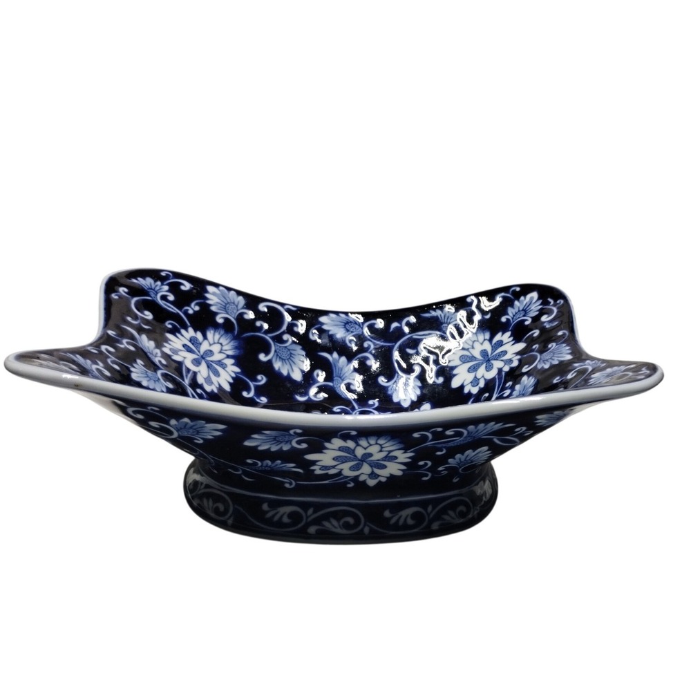 Bombay Blue and White Porcelain Floral Pedestal Serving Bowl Chinoiserie Decor